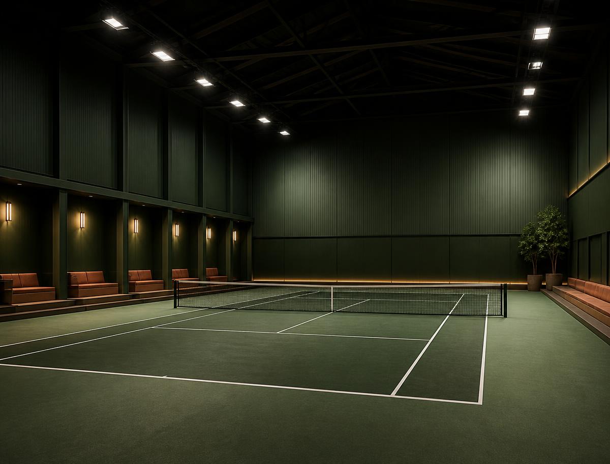 สนามเทนนิสในร่มของ Pulse Tennis พื้นอะคริลิกสีเขียวและดินเผา